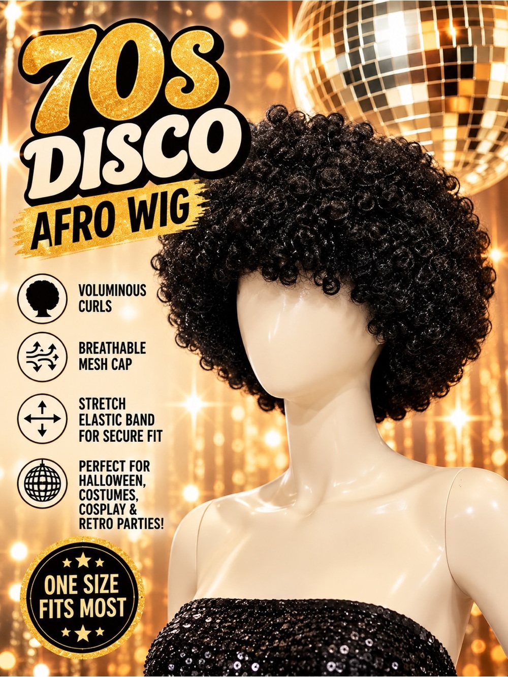 70s Disco Black Afro Wig Curly Halloween Costume Cosplay